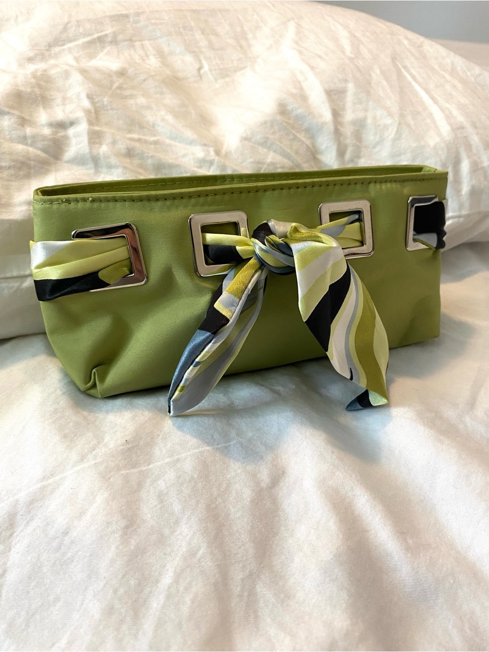 Y2K Green Satin Scarf-Accent Clutch Bag